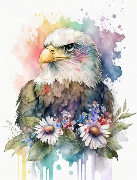 Una pintura de acuarela de un águila con flores.