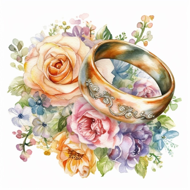 Una pintura de acuarela de un anillo de bodas de oro sobre un fondo floral