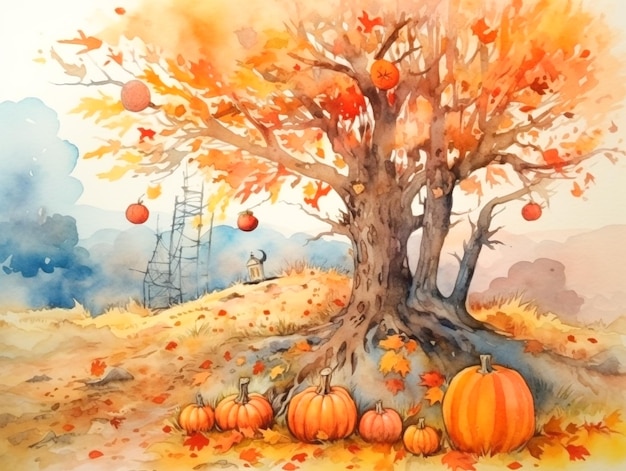 Una pintura de acuarela de un árbol con calabazas y un gato.