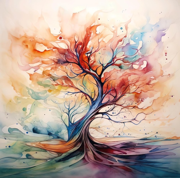 Pintura acuarela de árbol colorido