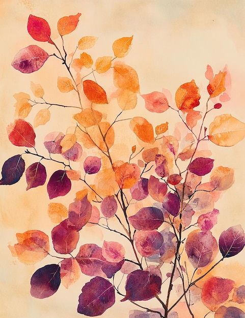 una pintura a la acuarela de un árbol con hojas de otoño.