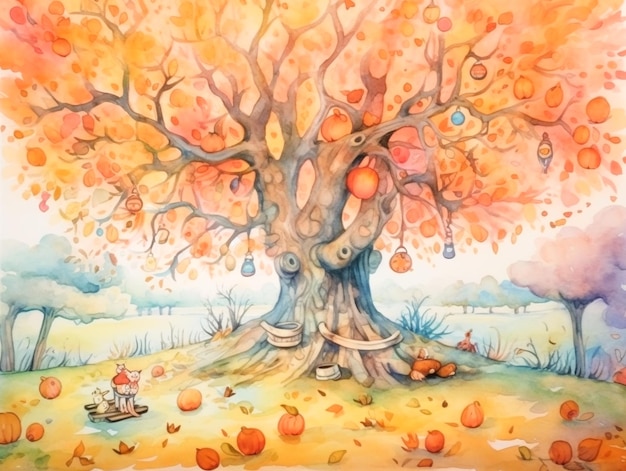 Una pintura de acuarela de un árbol con un montón de manzanas.