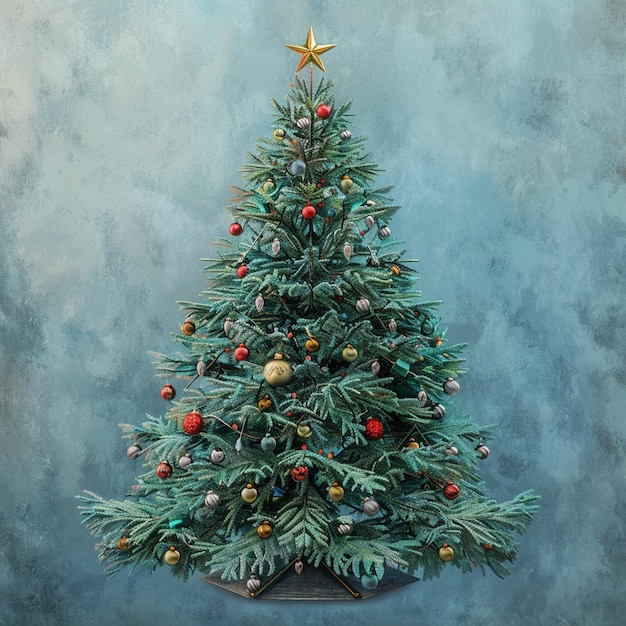 Una pintura en acuarela de un árbol de Navidad adornado con estrellas en la parte superior