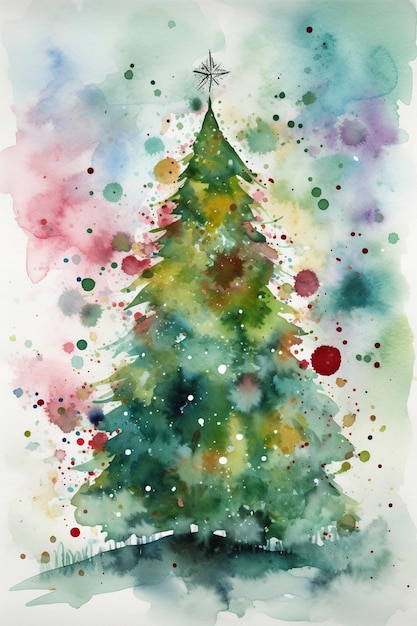 Una pintura de acuarela de un árbol de navidad.