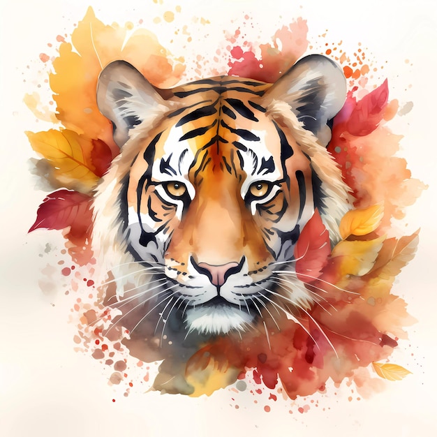 Una pintura de acuarela de un árbol tigre con hojas de otoño