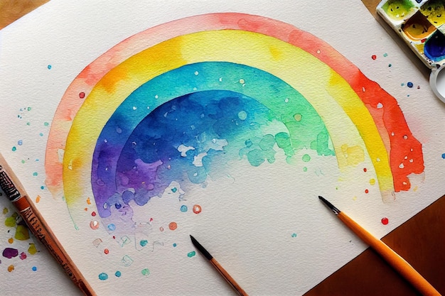 Una pintura de acuarela de un arco iris con un lápiz.