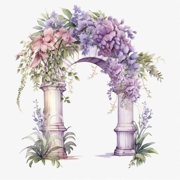 Una pintura de acuarela de un arco de jardín con flores de color púrpura y rosa.