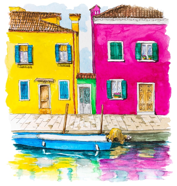 Pintura acuarela de arquitectura colorida en la isla de Burano Venecia Italia Ilustración creativa