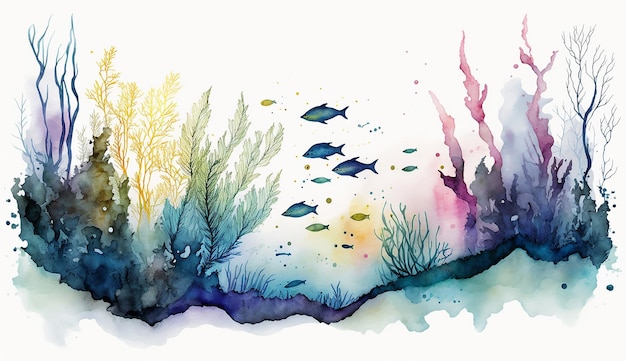Una pintura de acuarela de un arrecife con peces y algas.