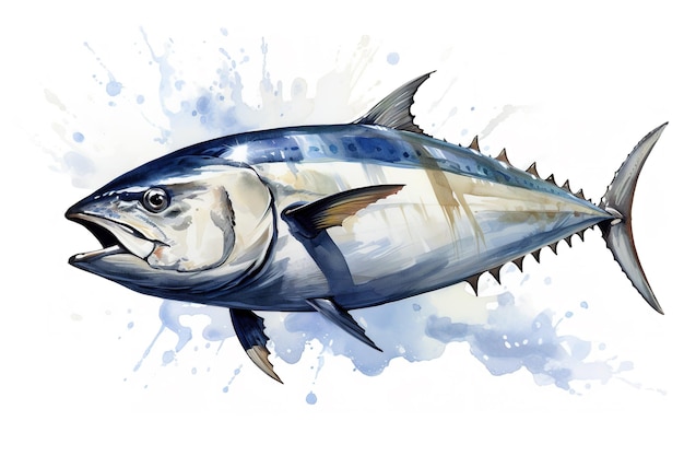 Pintura en acuarela de atún en fondo blanco Pescado Alimento Animales submarinos Ilustración IA generativa