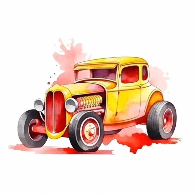 Una pintura de acuarela de un auto antiguo amarillo con una raya roja.