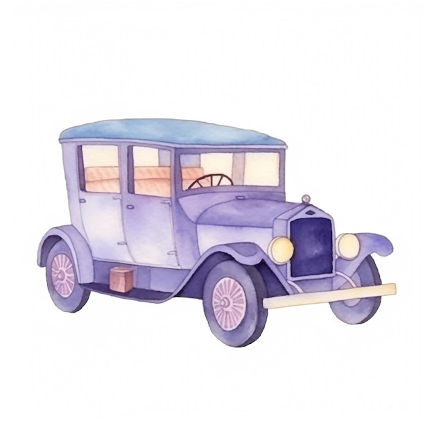 Una pintura de acuarela de un automóvil azul con un techo que dice "la palabra" en él.