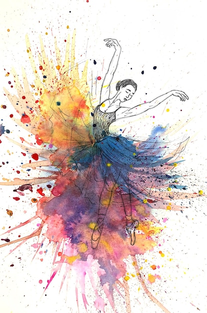 Una pintura de acuarela de una bailarina en azul y amarillo.