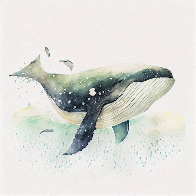 Una pintura de acuarela de una ballena azul y blanca.