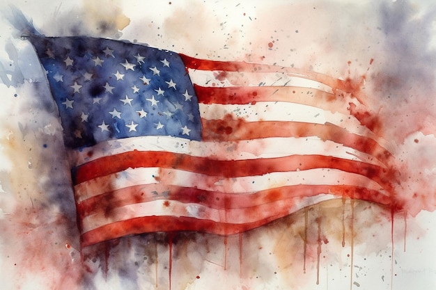 Una pintura de acuarela de una bandera americana