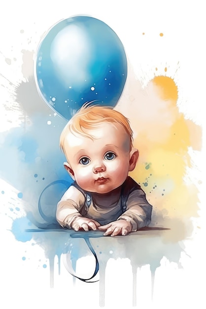 Una pintura de acuarela de un bebé con globos.