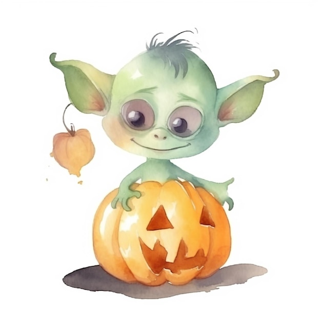 Una pintura de acuarela de un bebé yoda sentado en una calabaza.