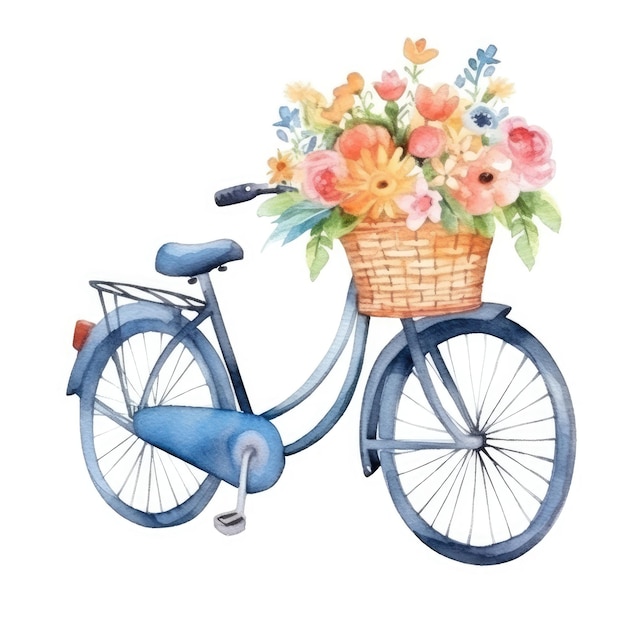Pintura acuarela de una bicicleta con una cesta llena de flores.