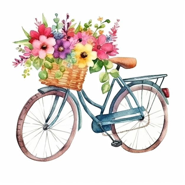 Pintura acuarela de una bicicleta con una cesta llena de flores.