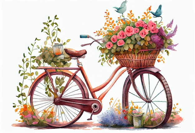 Pintura en acuarela de una bicicleta llena de flores IA generativa