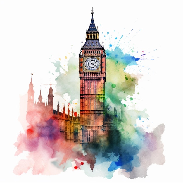 Una pintura de acuarela del big ben con un reloj en la parte superior.