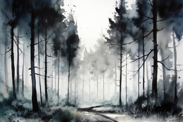 Una pintura de acuarela de un bosque con árboles y las palabras 'bosque' en él