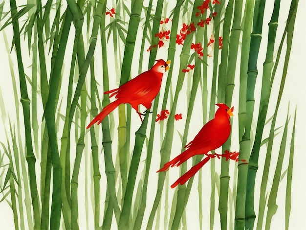 Foto pintura en acuarela de un bosque de bambú con un pájaro rojo en la parte superior