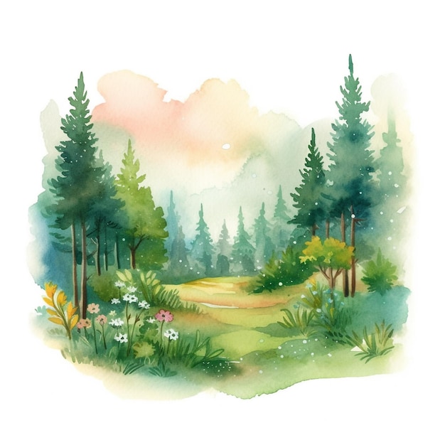 Una pintura de acuarela de un bosque con un bosque y un bosque al fondo.