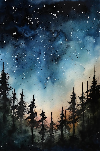 Pintura de acuarela de un bosque con un cielo estrellado