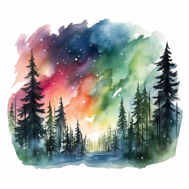 Una pintura de acuarela de un bosque con un colorido cielo generativo ai