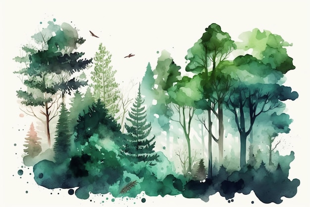 Foto una pintura de acuarela de un bosque con un fondo verde.