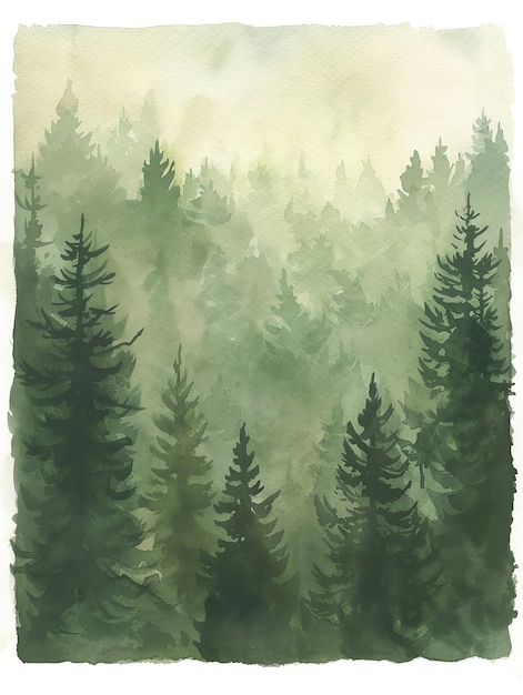 Foto una pintura en acuarela de un bosque verde exuberante con la luz del sol fluyendo a través de los árboles