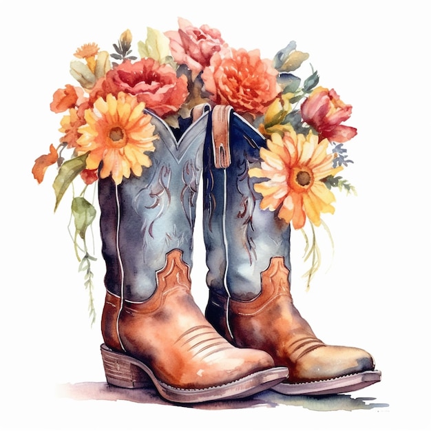 Una pintura de acuarela de una bota de vaquero con flores.