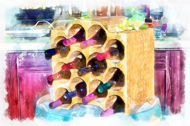 Pintura de acuarela botellas de vino Imitación de arte digital moderno pintado a mano con tinte aquarells