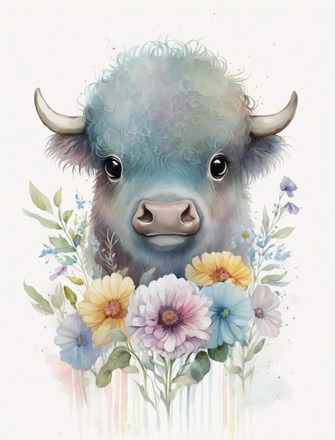 Una pintura de acuarela de un búfalo con flores y hojas.