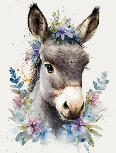 Una pintura de acuarela de un burro con una corona de flores.