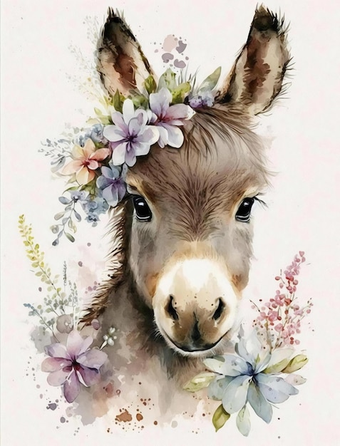 Una pintura de acuarela de un burro con flores.