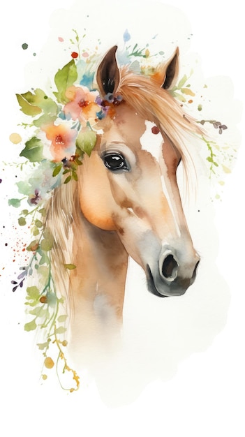 Pintura en acuarela de un caballo con una corona de flores.