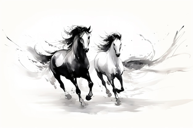 Foto pintura en acuarela de un caballo corriendo sobre un fondo blanco animales salvajes ilustración ia generativa