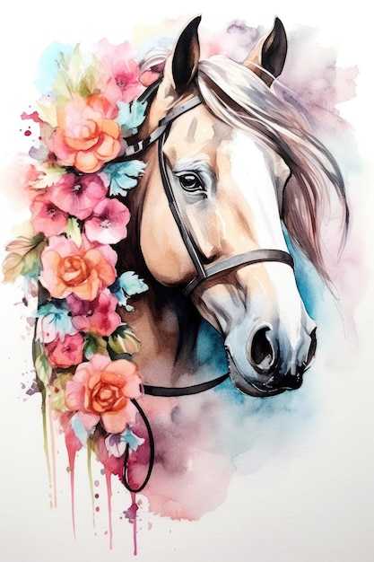 Una pintura de acuarela de un caballo con flores en la cabeza.