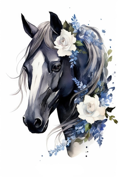 Una pintura de acuarela de un caballo con flores en la cara.