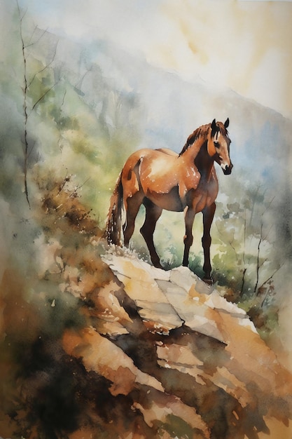 Una pintura de acuarela de un caballo en las montañas.