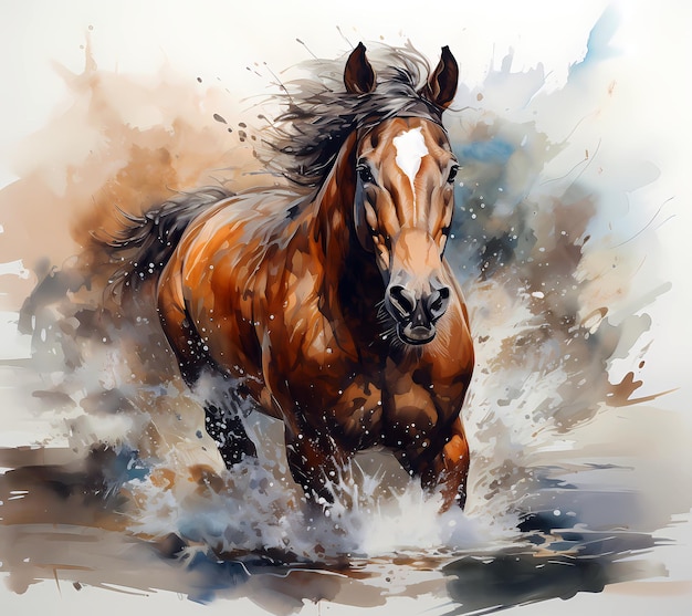 Una pintura a la acuarela de un caballo que corre