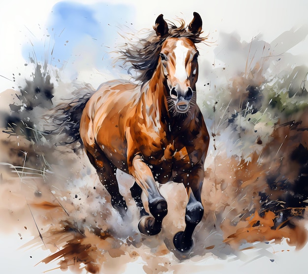 Una pintura a la acuarela de un caballo que corre