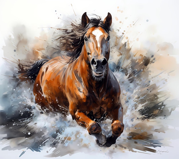 Una pintura a la acuarela de un caballo que corre