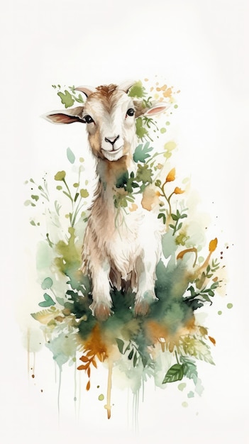 Una pintura en acuarela de una cabra en verde y amarillo