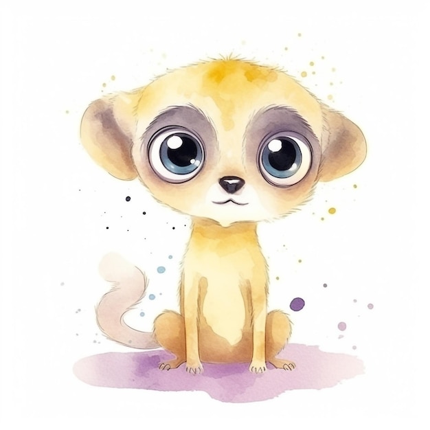 Pintura acuarela de un cachorro amarillo con grandes ojos azules.