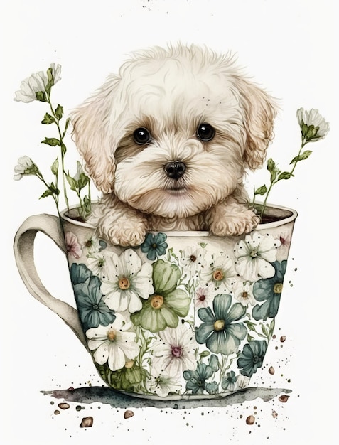 Una pintura de acuarela de un cachorro en una taza de té