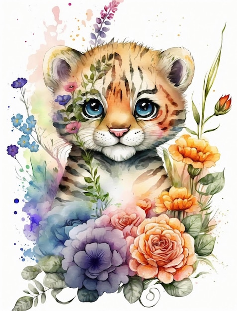 Pintura de acuarela de un cachorro de tigre con flores y las palabras "tigre" en la parte inferior.