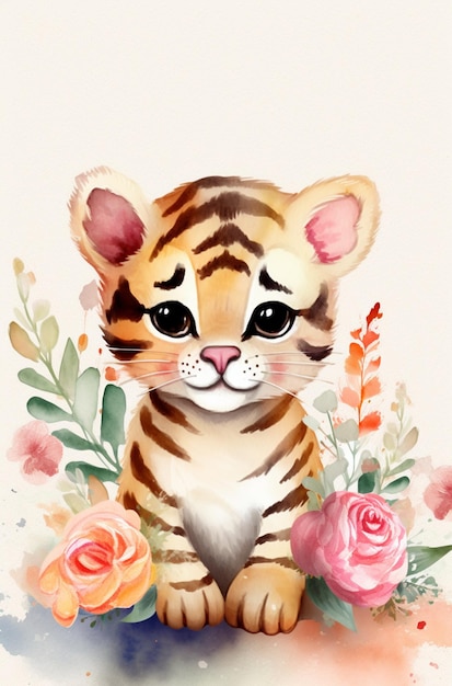 Una pintura de acuarela de un cachorro de tigre con flores.